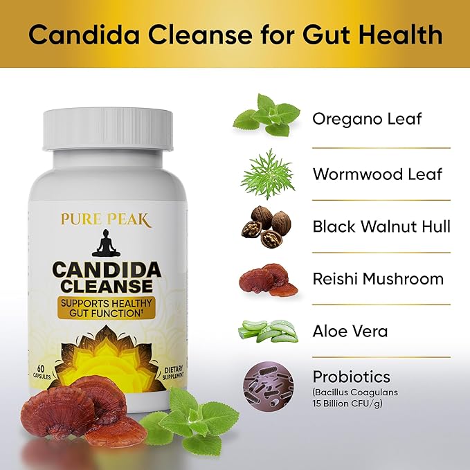 Candida Cleanse with Natural Herbs and Probiotics, Oregano Leaf, Wormwood, Black Walnut, Caprylic Acid