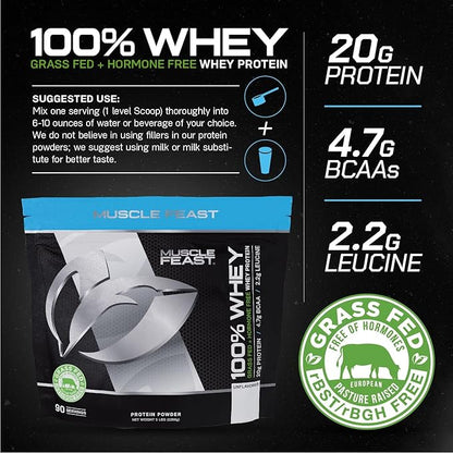 Muscle Feast 100% Grass-Fed Whey Protein, Pastured Raised Hormone Free All Natural, Unflavored, 5lb