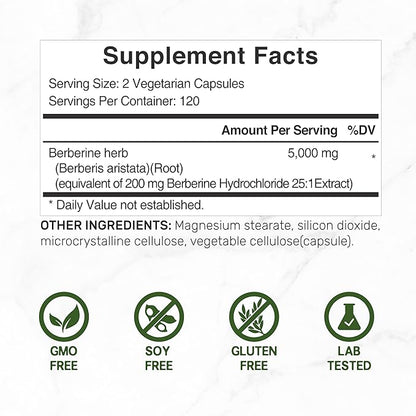 Deal Supplement Berberine Max Supplement with Turmeric, 5,000mg Per Serving, 240 Veggie Capsules – 97% Pure Berberine HCL – 25:1 Berberine Root Extract – Vegetarian Friendly, Non-GMO