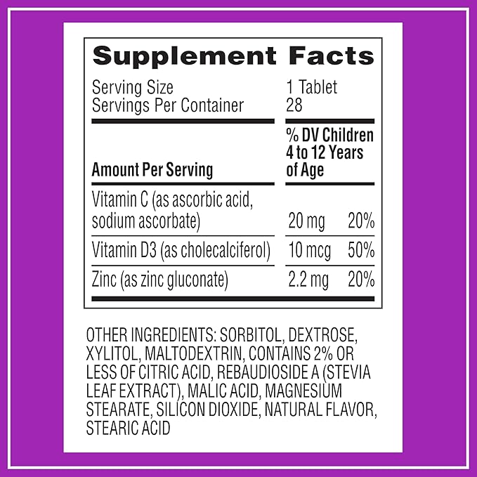 Zarbee's Kids Immune Support, Vitamin C, D & Zinc Daily Immunity Vitamins for Children 4+ Years, Natural Tropical Fruit Flavor, 28 Chewable Tablets