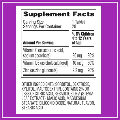 Zarbee's Kids Immune Support, Vitamin C, D & Zinc Daily Immunity Vitamins for Children 4+ Years, Natural Tropical Fruit Flavor, 28 Chewable Tablets