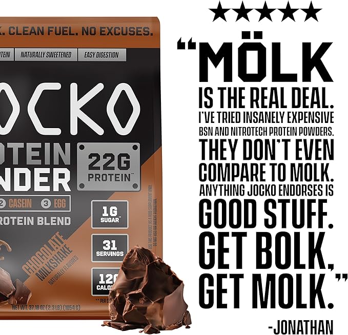 Jocko Mölk Whey Protein Powder 22g Protein - Sugar Free Monk Fruit Blend - Muscle Recovery & Growth, Packaging May Vary (31 Servings, Chocolate Milkshake)