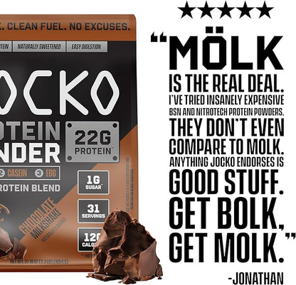 Jocko Mölk Whey Protein Powder 22g Protein - Sugar Free Monk Fruit Blend - Muscle Recovery & Growth, Packaging May Vary (31 Servings, Chocolate Milkshake)