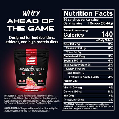 Granite Supplements The Meadows Whey Protein Isolate - (30 Servings) Whey Protein Powder - 140 Calories, 1g Fiber, 1g Sugar Protein Whey for Lean Muscle - Fresh Strawberry Flavored Protein Powder