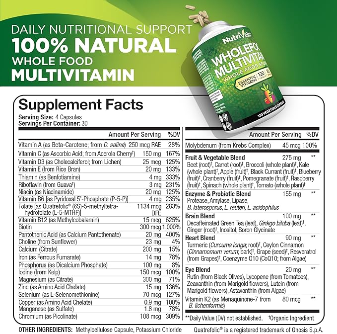 Nutrivein Whole Food Multivitamin - Complete Daily Vitamins for Men and Women from Natural Whole Foods, Real Raw Veggies, Fruits, Vitamin E, A, B Complex - 30 Day Supply (120 Capsules, Four Daily)