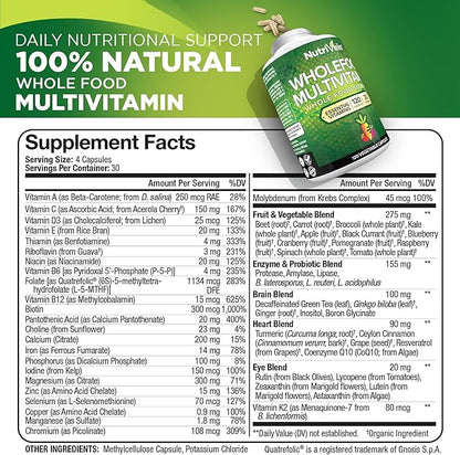 Nutrivein Whole Food Multivitamin - Complete Daily Vitamins for Men and Women from Natural Whole Foods, Real Raw Veggies, Fruits, Vitamin E, A, B Complex - 30 Day Supply (120 Capsules, Four Daily)