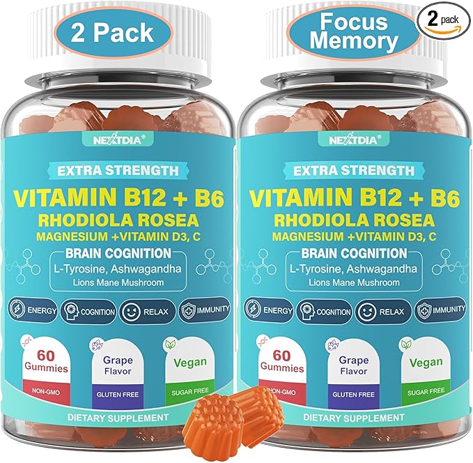 Focus Memory & Energy Gummies, L-Tyrosine + Methyl B12 1000mcg, B6 50mg, D3 C, Lion's Mane Mushroom, for 15+ Students, Office Worker, Multivitamin, Herb Blend for Seniors Brain & Cognition, Sugar Free