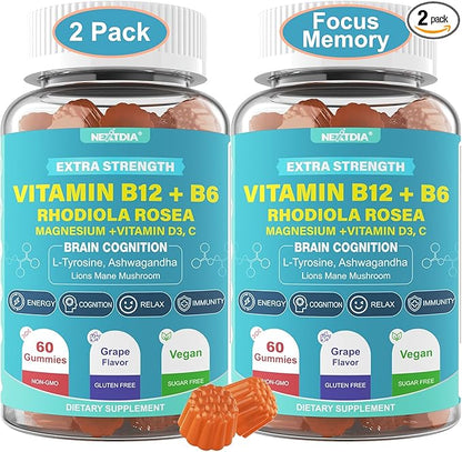 Focus Memory & Energy Gummies, L-Tyrosine + Methyl B12 1000mcg, B6 50mg, D3 C, Lion's Mane Mushroom, for 15+ Students, Office Worker, Multivitamin, Herb Blend for Seniors Brain & Cognition, Sugar Free