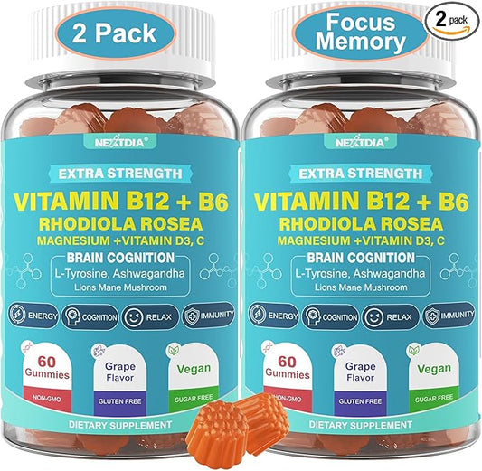 Focus Memory & Energy Gummies, L-Tyrosine + Methyl B12 1000mcg, B6 50mg, D3 C, Lion's Mane Mushroom, for 15+ Students, Office Worker, Multivitamin, Herb Blend for Seniors Brain & Cognition, Sugar Free