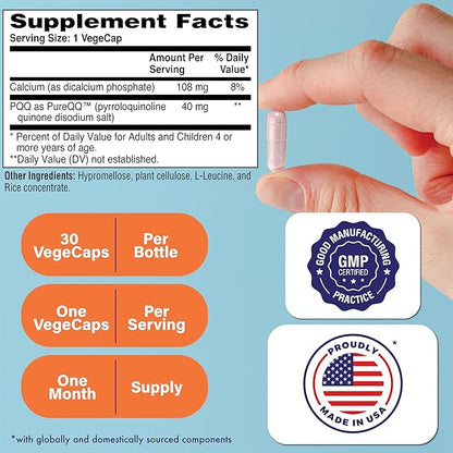 Health Thru Nutrition PQQ 40mg 30 Servings Pyrroloquinoline Quinone as PureQQ | Promotes Mitochondrial Biogenesis | Certified Vegan | Non-GMO Gluten Soy Free Capsules| Clean Label PQQ Supplement
