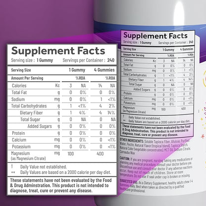 Magnesium Citrate Gummies - Sugar-Free, Vegan and Non-GMO for Better Sleep and Relaxation - No Sugar Alcohol - Magnesium Supplement for Adults, Teens and Kids - Tropical Fruit - 240 Chews
