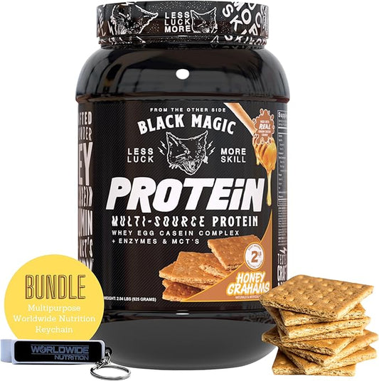 Worldwide Nutrition Bundle: Black Magic Multi-Source Protein Powder - Whey, Egg Albumin Enzymes, Micellar Casein & MCTs-Muscle Mass Gaining -Honey Grahams Flavor-2 LB & Multi Purpose Keychain
