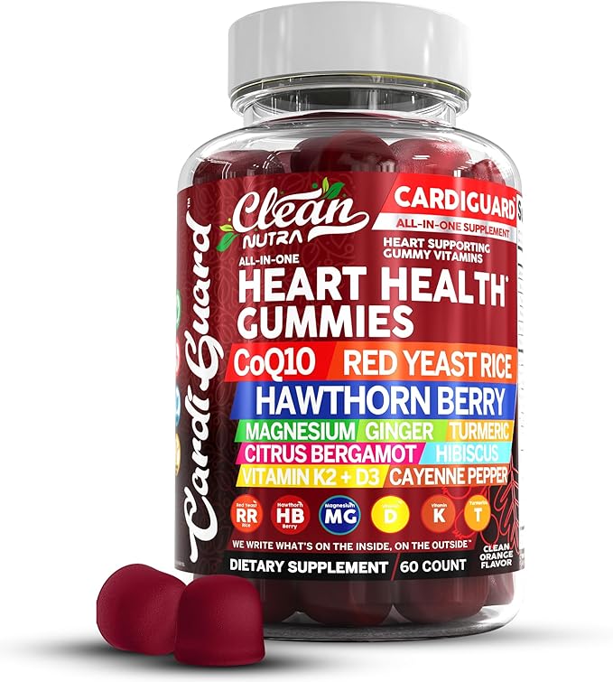 Coq10 Gummies | Red Yeast Rice Hawthorn Berry Ginger Turmeric Citrus Bergamot Hibiscus Vitamin K2+D3 Magnesium Glycinate Cayenne Pepper Fenugreek Orange Flavor CardiGuard by Clean Nutra
