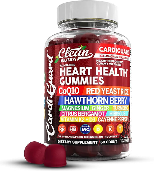 Coq10 Gummies | Red Yeast Rice Hawthorn Berry Ginger Turmeric Citrus Bergamot Hibiscus Vitamin K2+D3 Magnesium Glycinate Cayenne Pepper Fenugreek Orange Flavor CardiGuard by Clean Nutra
