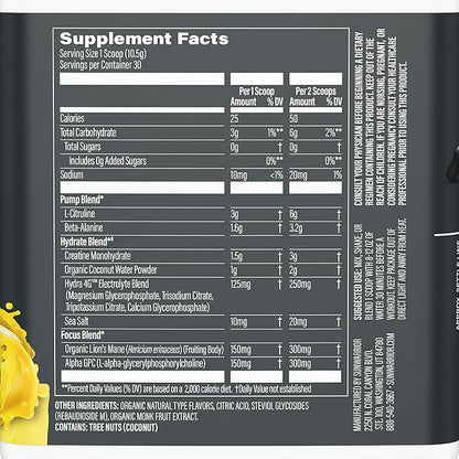 Pre Workout Powder Energy Drink Non-Stim & Caffeine Free | Vegan Plant-Based Pre-Workout Supplement | Pump Hydrate Focus Endurance & Strength Builder | Yuzu Mango Flavored 30 Serving Active Preworkout