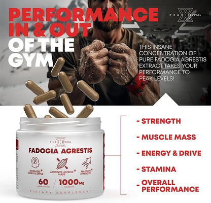 Fadogia Agrestis 1000mg Per Serving Supplement - Potent Extract to Increase Energy, Athletic Performance & Muscle Mass - Supplements, Made in The USA (60 Capsules)