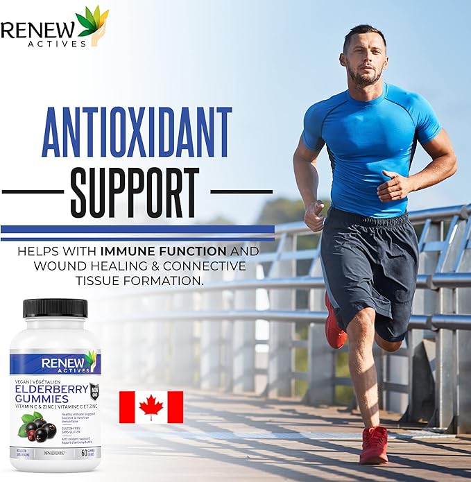 Renew Actives Vegan Elderberry Gummies with Vitamin C & Zinc - Antioxidants for Immune Function & Healthy Development of Bones, Cartilage, Hair, Nails, and Skin - 60 Gummies