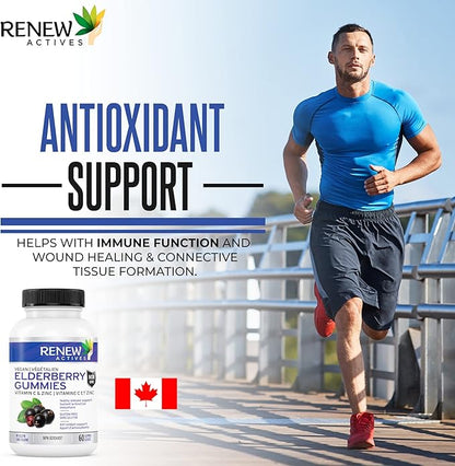 Renew Actives Vegan Elderberry Gummies with Vitamin C & Zinc - Antioxidants for Immune Function & Healthy Development of Bones, Cartilage, Hair, Nails, and Skin - 60 Gummies