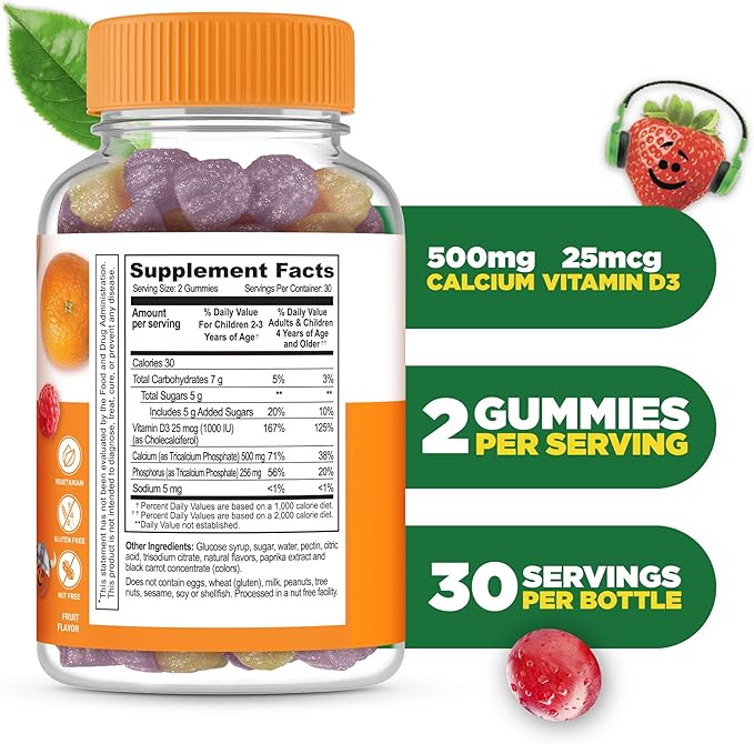 Lifeable Kids Calcium Gummies with Vitamin D3 | 500 mg Calcium with Vitamin D3 1000 IU | Great Tasting Calcium Supplement for Kids | for Bone Health and Teeth Growth | 60 Gummies