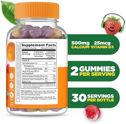 Lifeable Kids Calcium Gummies with Vitamin D3 | 500 mg Calcium with Vitamin D3 1000 IU | Great Tasting Calcium Supplement for Kids | for Bone Health and Teeth Growth | 60 Gummies