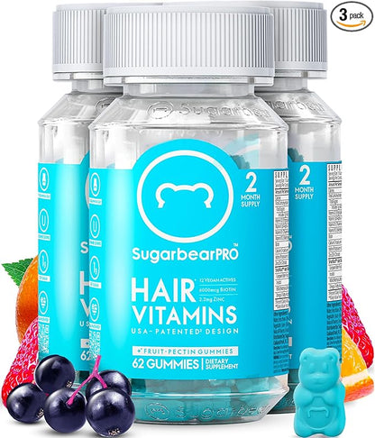 Sugarbear Hair Vitamin Gummy 6 Month Supply Extra Strength Biotin 6000mcg, Growth for Men & Women, Vegan Vitamin B12, MSM, Inositol, Omega 3, Elderberry, Certified Kosher, Halal, Cruelty-Free