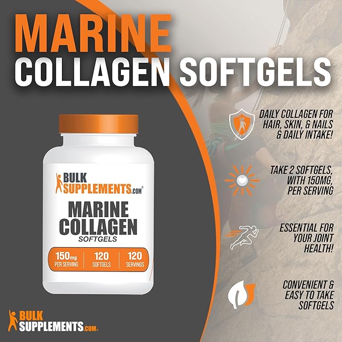 BulkSupplements.com Marine Collagen Softgels - Collagen Supplement, Collagen for Women & Men, 150mg of Collagen - Gluten Free, 1 Softgel per Serving, 120 Count (Pack of 1)