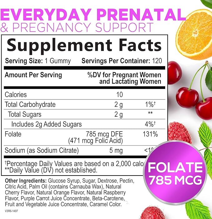 Folic Acid Gummies for Women 785 mcg, Essential Prenatal Vitamins for Mom & Baby, Vegan Folic Supplement Gummy, Vitamin B9 Chewable Extra Strength Folate, Before During After Pregnancy - 120 Gummies