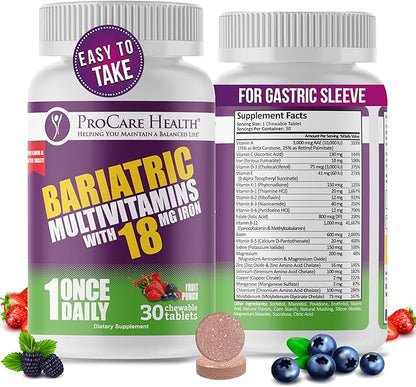Procare Health Bariatric chewable Multivitamin with Iron 18mg (30 Tablets) - Fruit Punch Flavor Bariatric Multivitamin Chewable Pills for Gastric Bypass & Sleeve Gastrectomy Patients* (1 Month Supply)