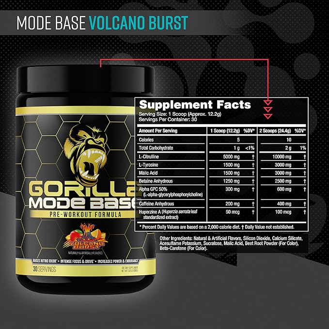 Gorilla Mode Base Pre Workout - Raises Nitric Oxide · Intense Focus & Drive · Endurance · Power - L-Citrulline, L-Tyrosine, Betaine, Alpha-GPC, Caffeine, Huperzine A - 360 Grams (Volcano Burst)