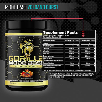 Gorilla Mode Base Pre Workout - Raises Nitric Oxide · Intense Focus & Drive · Endurance · Power - L-Citrulline, L-Tyrosine, Betaine, Alpha-GPC, Caffeine, Huperzine A - 360 Grams (Volcano Burst)