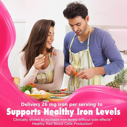 Iron Bisglycinate 26mg Filled Gummies - Gentle Beet Root Iron Gummy plus Vitamin C, Supplement Iron with B12 & Folate for Women & Men, Iron Deficiency, Immune & Energy Support, Sugar-Free, Vegan,60Cts
