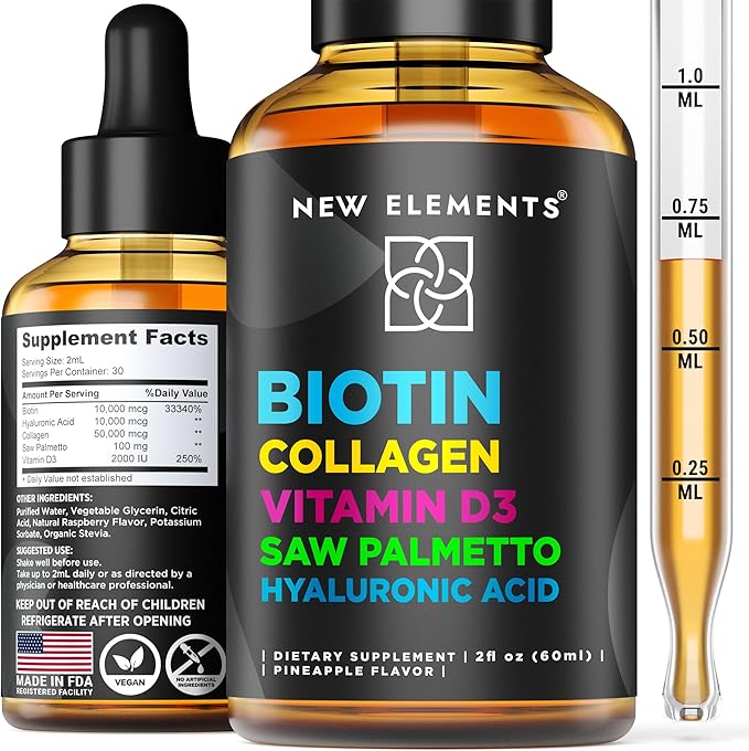 Liquid Biotin Drops with Collagen Vitamin D3 Saw Palmetto & Hyaluronic Acid for Hair Skin and Nails, Hair Growth Supplement for Men & Women | Non-GMO | Gluten-Free