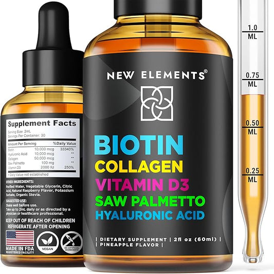 Liquid Biotin Drops with Collagen Vitamin D3 Saw Palmetto & Hyaluronic Acid for Hair Skin and Nails, Hair Growth Supplement for Men & Women | Non-GMO | Gluten-Free