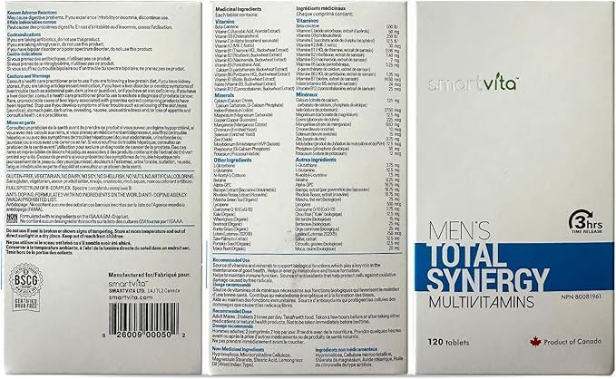 Smartvita - Total Synergy Multivitamins for Men, Vegan Multivitamins and Saw Palmetto for Men for Energy/Vitality, Brain, Heart and Eye Health, for Men Ages 25-65 Plus, 120 Tablets