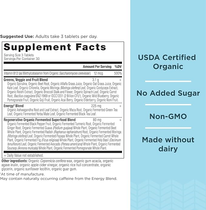 Ancient Nutrition Supergreens Energizer Tablets, Organic Superfood Tablets with Caffeine, Made from Real Fruits, Vegetables and Herbs, for Digestive and Energy Support, 90 Count