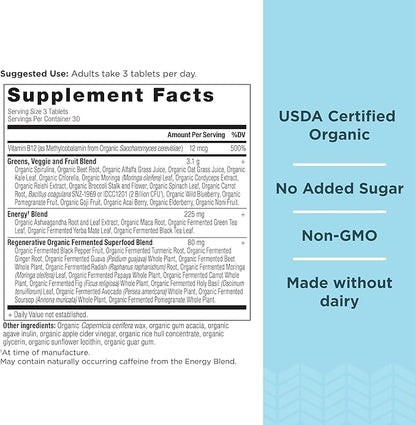 Ancient Nutrition Supergreens Energizer Tablets, Organic Superfood Tablets with Caffeine, Made from Real Fruits, Vegetables and Herbs, for Digestive and Energy Support, 90 Count