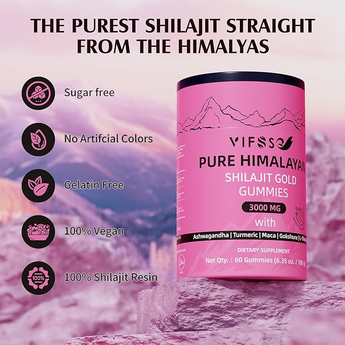 Shilajit Gummies, 3000 Mg Shilajit Pure Himalayan Organic with Ashwagandha, Turmeric Sugar-Free Gummies for Men and Women, Shilajit Supplement, Non-GMO Nature Shilajit for Energy, 60 Gummies