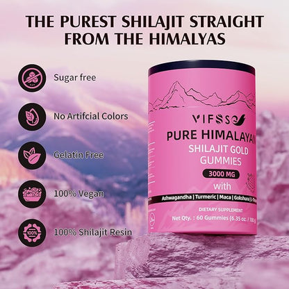 Shilajit Gummies, 3000 Mg Shilajit Pure Himalayan Organic with Ashwagandha, Turmeric Sugar-Free Gummies for Men and Women, Shilajit Supplement, Non-GMO Nature Shilajit for Energy, 60 Gummies
