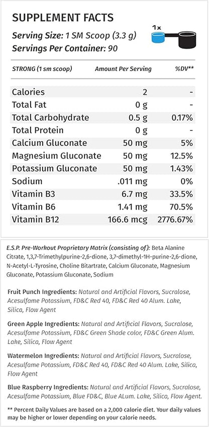 Metabolic Nutrition | ESP - Stimulating Pre Workout, Pre Intra Workout Supplement | Energy & Endurance Stimulating | Natural, Safe & Mental Focus | Blue Raspberry, 300 Grams (90 Servings)