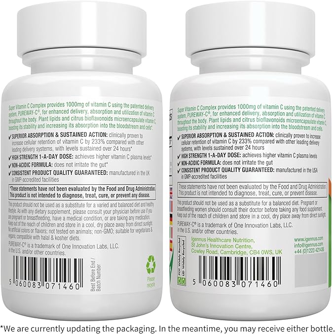 High Absorption Super Vitamin C, Clean Label Pureway-C 1000mg, Vegan Vitamin C with Bioflavonoids, 60 Servings, 24-Hour Action, Immune Health, Energy, Heart & Brain, by Igennus