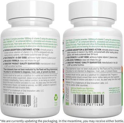 High Absorption Super Vitamin C, Clean Label Pureway-C 1000mg, Vegan Vitamin C with Bioflavonoids, 60 Servings, 24-Hour Action, Immune Health, Energy, Heart & Brain, by Igennus