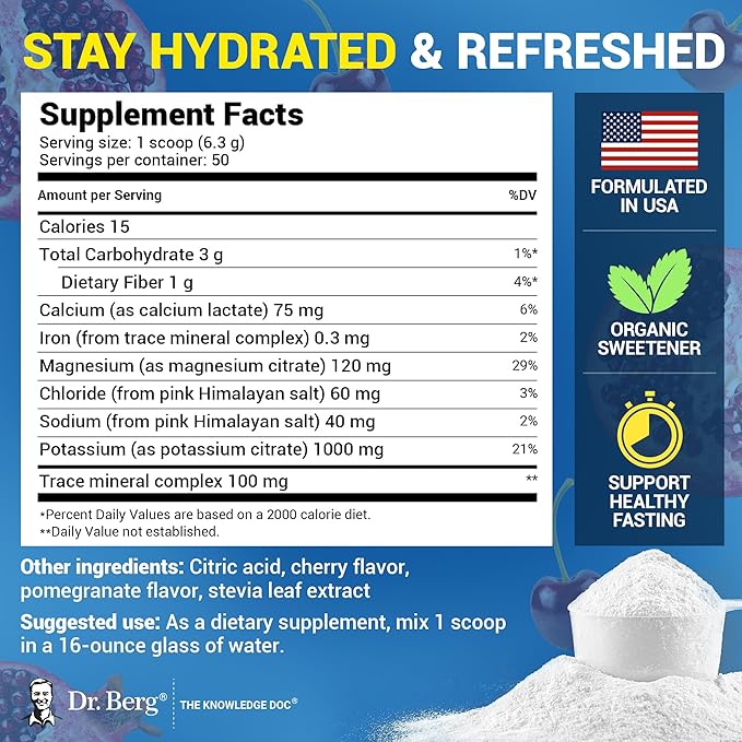 Dr. Berg Zero Sugar Hydration Keto Electrolyte Powder - Enhanced w/ 1000 mg of Potassium & Real Pink Himalayan Salt (NOT Table Salt) - Pomegranate and Cherry Hydration Drink Supplement - 50 Servings