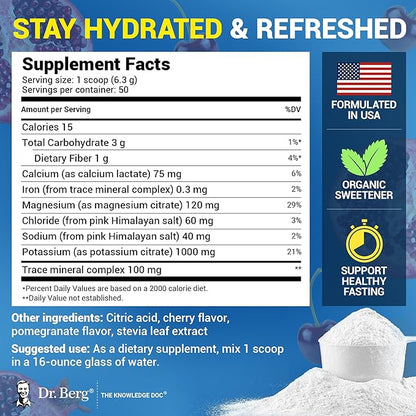 Dr. Berg Zero Sugar Hydration Keto Electrolyte Powder - Enhanced w/ 1000 mg of Potassium & Real Pink Himalayan Salt (NOT Table Salt) - Pomegranate and Cherry Hydration Drink Supplement - 50 Servings