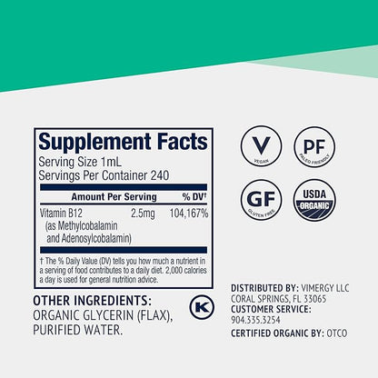 Vimergy Liquid B12 Refill – Fast-Absorbing Brain Support – Energy Support Supplement – USDA Certified Organic, Vegan, Non-GMO – 240 Servings (240 mL)