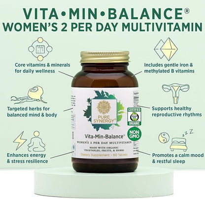PURE SYNERGY Vita·Min·Balance | Multivitamin for Women with Iron | Women’s Daily Multivitamin Made with Organic Whole Foods | for Balanced Energy and Stress Support (60 Tablets)