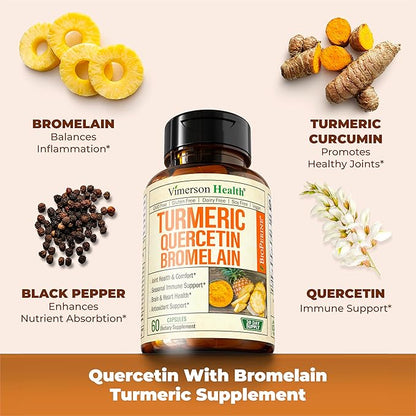 Quercetin with Bromelain Turmeric Supplement - Quercetin 500mg Capsules with Curcumin & Bromelain powder for Allergy & Joint Support. Turmeric Curcumin Bromelain Supplement. 60 Vegan Tumeric Capsules