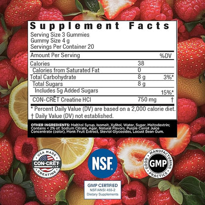 Creatine HCl Gummies for Men & Women | Muscle, Cognitive, Cellular Energy Support | No Bloating or Cramps | USA Made | Berry Zing (60 Count)