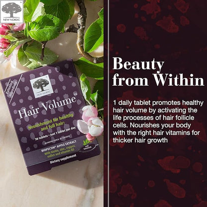 New Nordic Hair Volume Tablets, 3000 mcg Biotin & Biopectin Apple Extract, Hair Vitamins to Support Natural Hair Growth for Thicker, Fuller Hair, for Men and Women, 30 Count (Pack of 1)