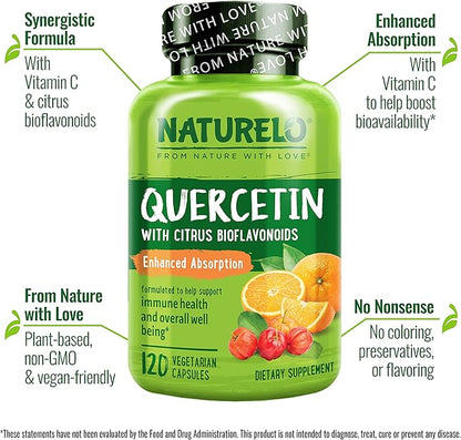 NATURELO Quercetin Citrus Bioflavonoid Supports Immune Health and Overall Well Being* 120 Quercetin 500mg Capsules