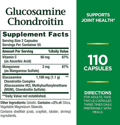 Nature's Bounty Glucosamine Chondroitin Pills and Dietary Supplement, Support Joint Health, 110 Capsules